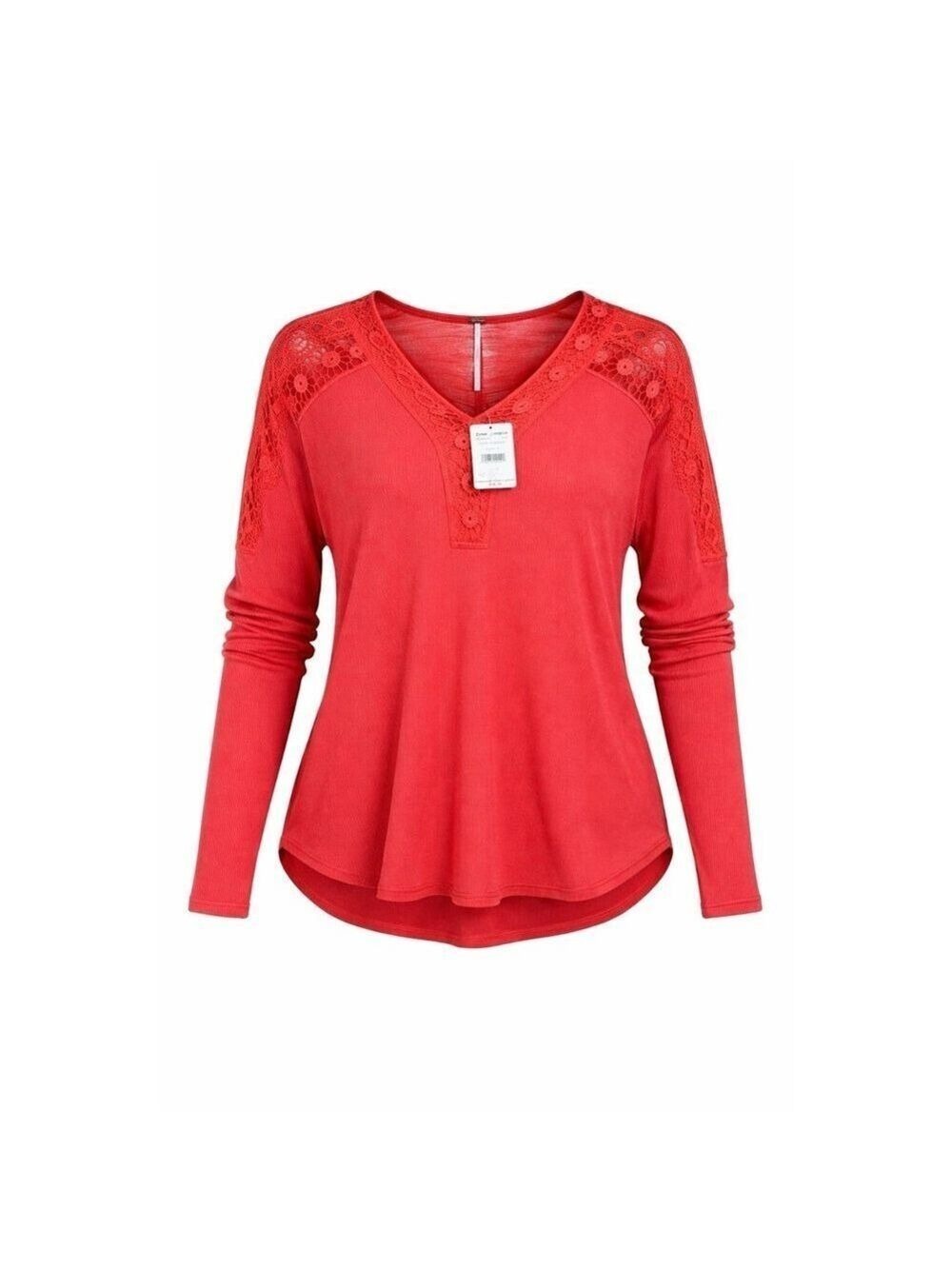 Free People Coral Lace-Shoulder Long Sleeve Top